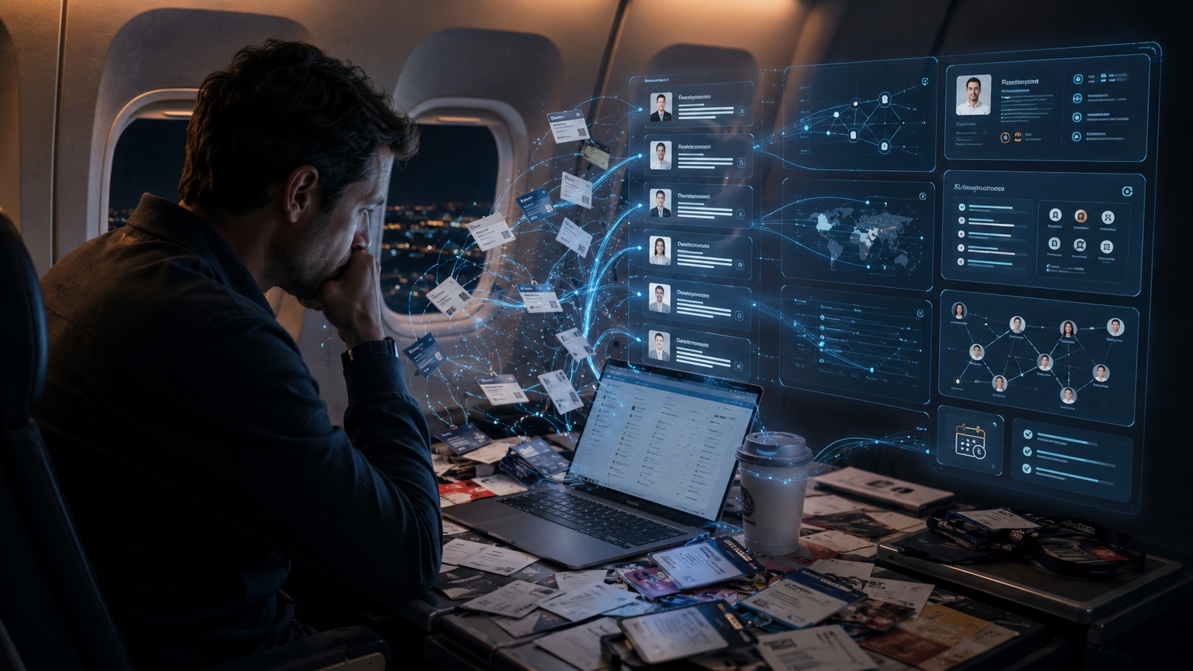 A sales professional flying home from a conference, the tray table covered in event badges and business cards, with an AI CRM on the laptop pulling every contact into an organized, connected network.
